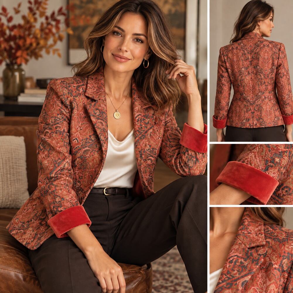 Kasper Petite 10P Tapestry Paisley Jacquard Blazer Velvet Cuffs Rust